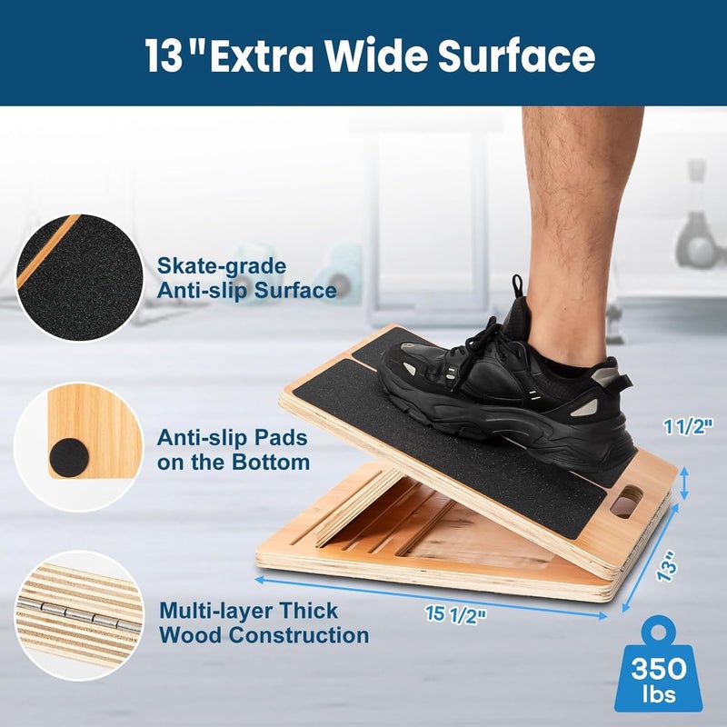 StrongTek 13” Wide Portable Wooden Slant Board, 5-Level Incline (15°-35°), Lower Grip Handle, Beginner & Rehab Friendly, Non-Slip Surface for Calf Stretching, Squats, Physical Therapy - Image 2